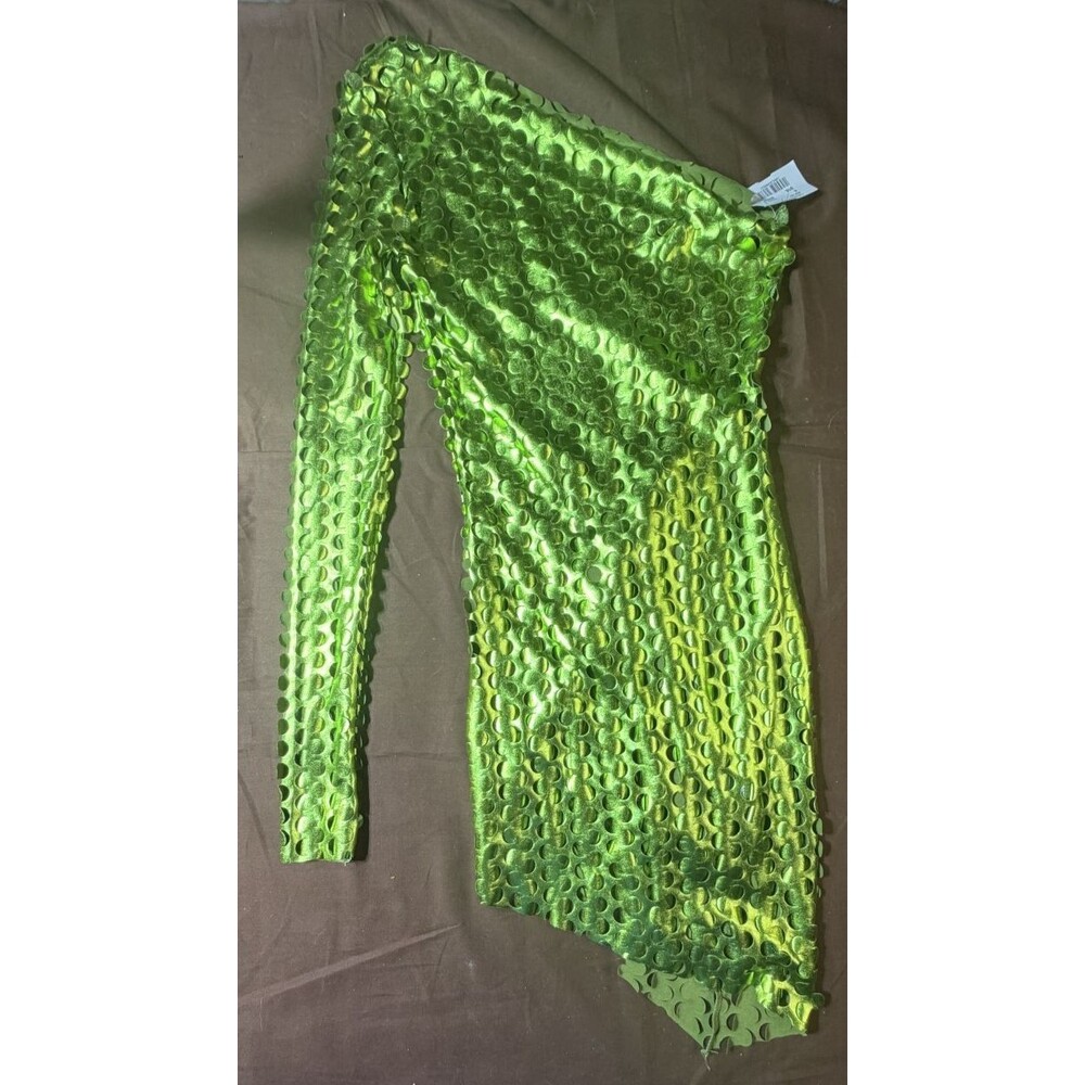 Women's One Shoulder Green Dotted Dress Size S NWT Long Sleeve Sexy